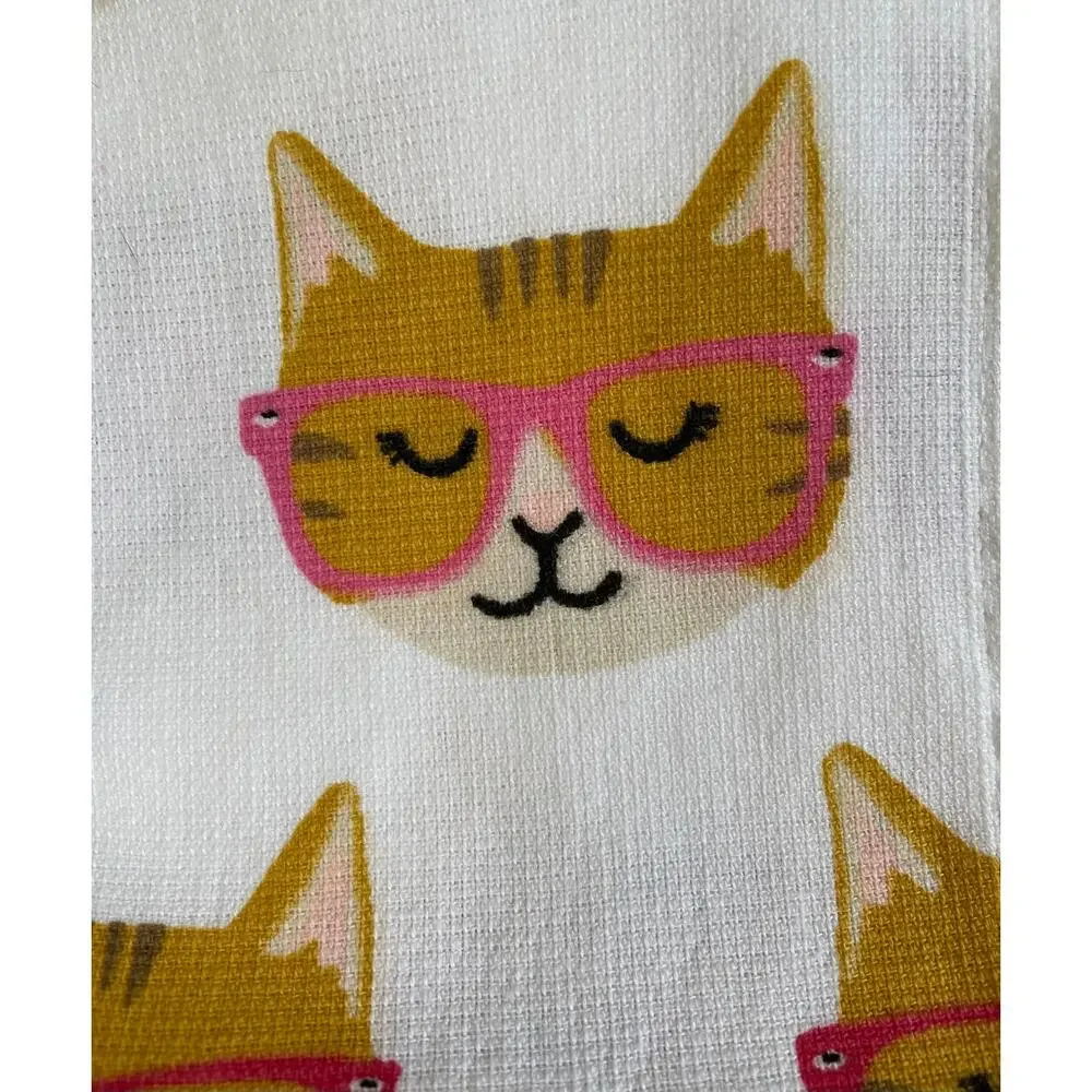 NWT En Vogue Grey & Orange Tabby Cat Cats in Pink Glasses 2 Kitchen Towel Set